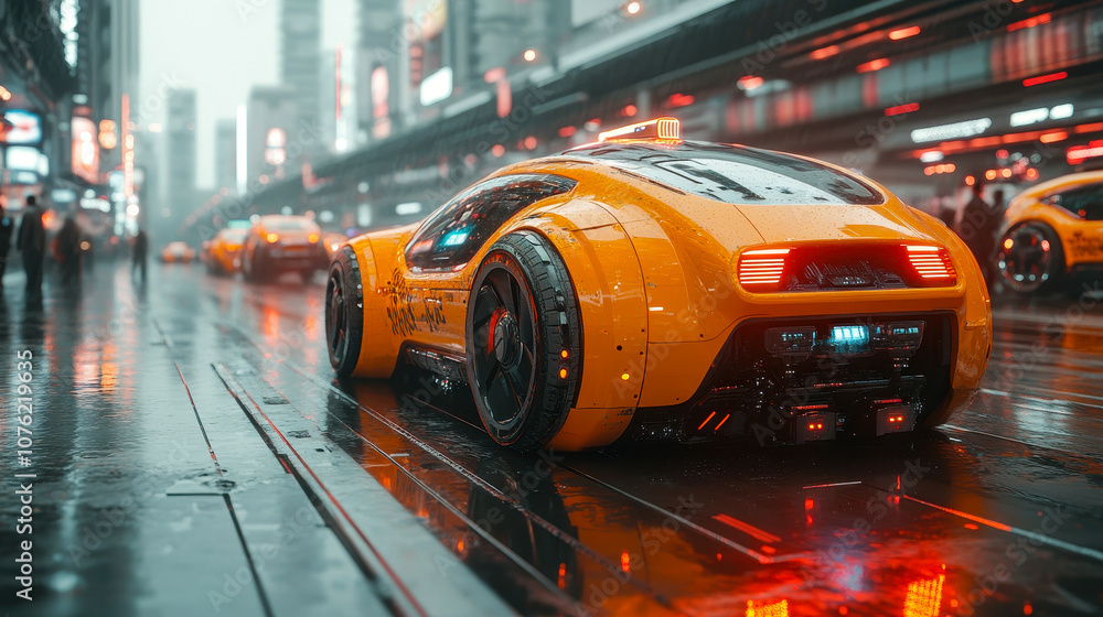 Poster futuristic autonomous robotaxi in urban setting with ai self-driving technology