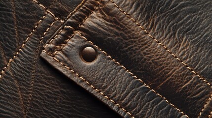 A leather texture background, dark brown with visible grain and stitching details, warm and rustic