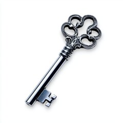 A photostock of an antique silver key with intricate design, ideal for mystery or vintage themes, isolated on transparent PNG background, High Quality
