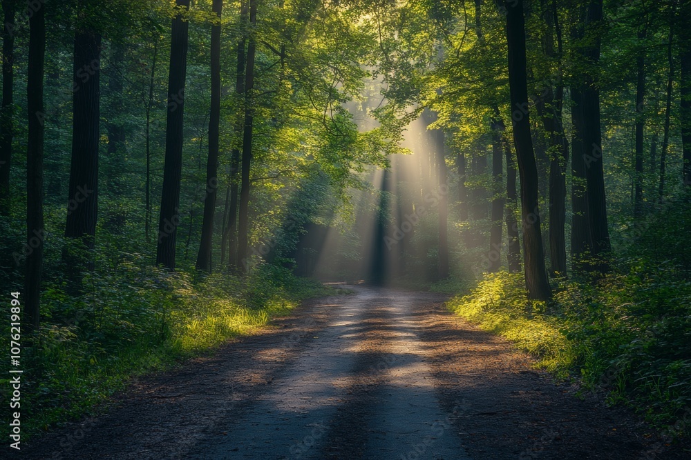 Poster a forest path with sunlight shining through the trees