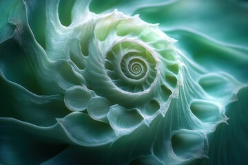 A Close-Up of a Spiraling Green Shell with Delicate Texture
