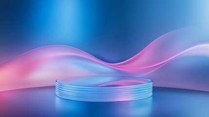 A 3D wave-layered studio featuring a product display podium. The abstract, minimal scene has blue and pink tones with a sleek glass base, creating a stylish mockup setup for showcasing products.