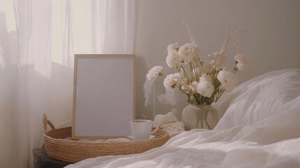 Cozy Bedroom Scene with Frame, Fresh Flowers, and Tranquil Atmosphere for Relaxation and Inspiration in Soft Natural Light