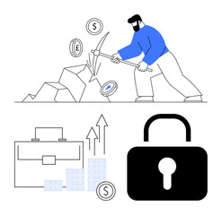 Man mining cryptocurrency with a pickaxe, currency symbols Dollar, Pound, Euro, documents increasing profits, stacked coins, and a security lock. Ideal for finance, investment cryptocurrency