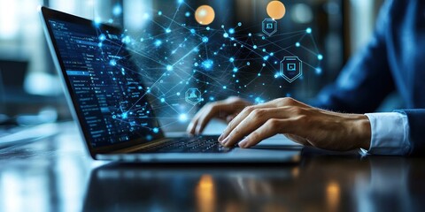 Person Typing on Laptop with Network and Security Icons