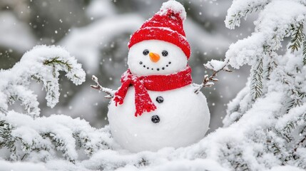 Snowman in a picturesque winter landscape surrounded by snow on tree branches, creating a tranquil atmosphere filled with winter charm and beauty, with ample copy space for design.