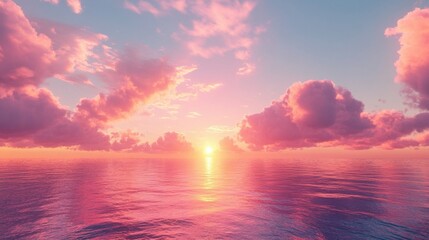 Fototapeta premium A stunning sunset over calm waters, with vibrant pink and orange hues reflecting off the gentle waves.