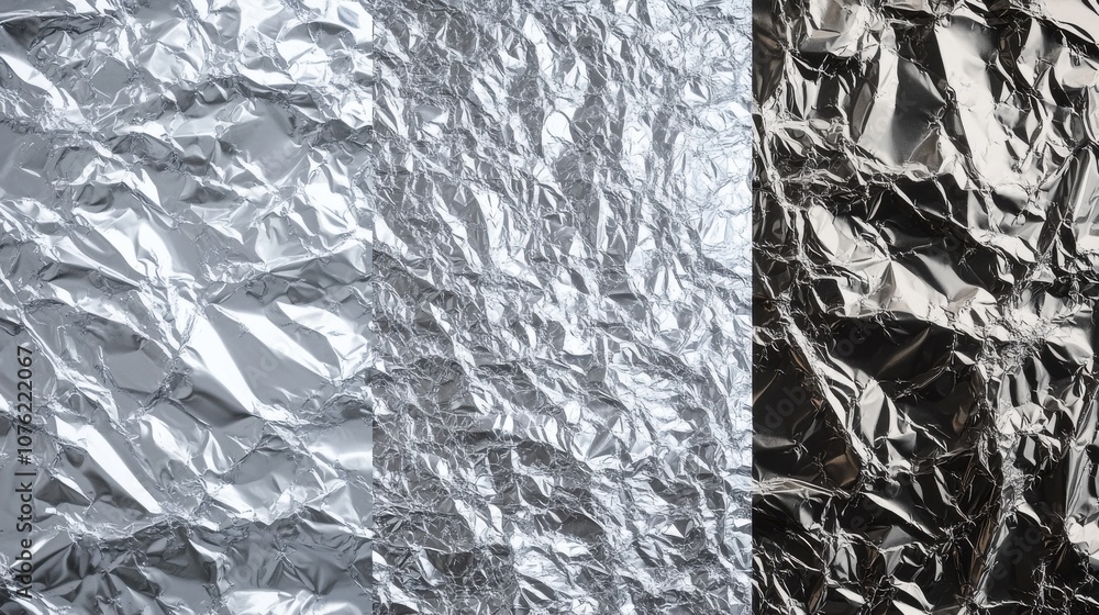 Poster textured silver foil background showcasing crumpled and smooth surfaces, creating a dynamic composit