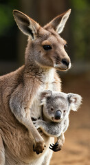 Fototapeta premium Friendship and love photos that don't require animal species (Mother Kangaroo and Baby Koala)