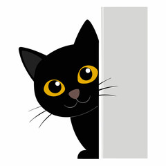 Cute black cat peeking out from around the corner vector illustration