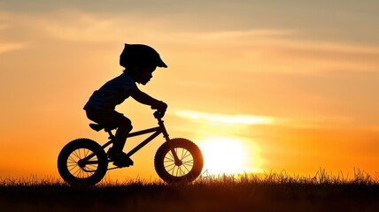 Obraz premium Child rides a bicycle at sunset embracing adventure and freedom in nature's glow