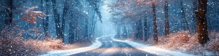 A snowy road with trees in the background