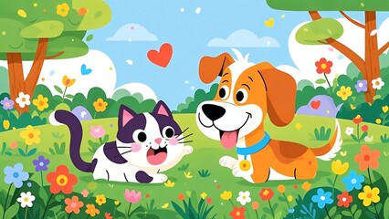 Naklejka premium Vector image of a cat and a dog playing together in a green park, surrounded by colorful flowers and trees. Cheerful and friendly expressions.