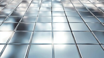 Obraz premium A reflective surface of seamless glass tiles creates a modern, sleek aesthetic in a bright setting.