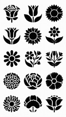 Set of logotype icons flowers Rose, Tulip, Orchid, Sunflower, Lily, Daisy, Daffodil, Jasmine, Lavender, Marigold, Peony, Chrysanthemum, Hibiscus, Poppy, Violet illustration silhouettes