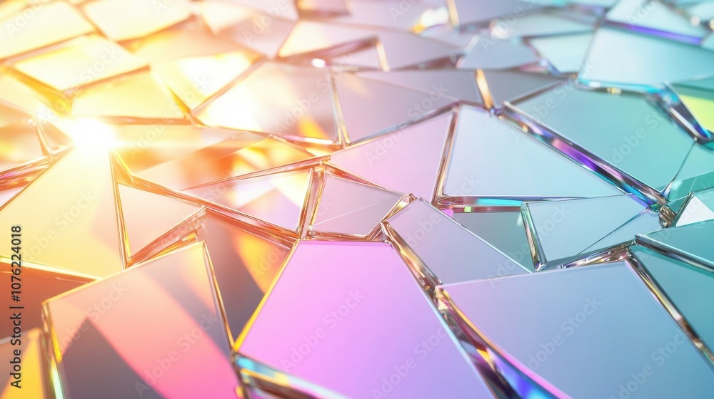 Poster a vibrant arrangement of angular glass shards, reflecting light in a spectrum of colors.