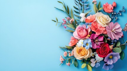 Beautiful flower bouquet design set against a blue background, presenting a vibrant mix of colors. This flower bouquet illustration creates a stunning visual with ample copy space.