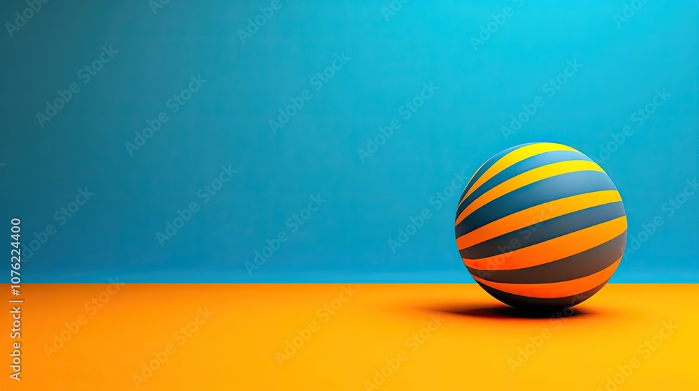 Poster dynamic orange and blue background paired with a yellow striped sphere, creating an engaging visual 