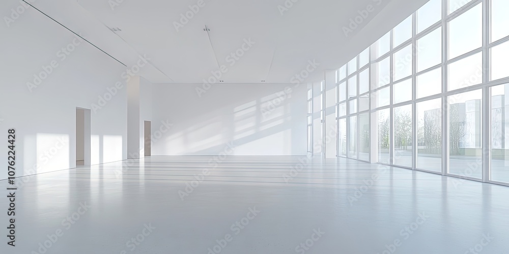 Poster an empty room featuring a bright white interior with large windows and a minimalistic design creates