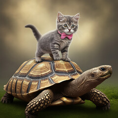 Naklejka premium Friendship and love photos that don't require animal species (Land turtle and baby kitten)