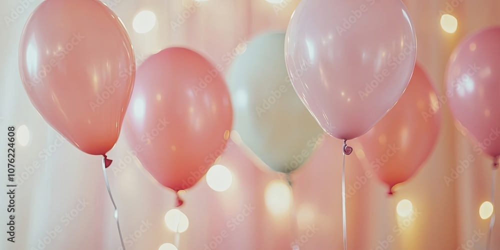 Poster soft pastel backdrop adorned with small helium balloons creates a festive vibe. close up view highli
