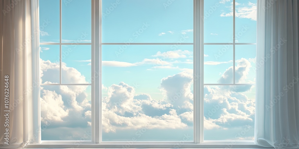Poster a peaceful view from a window features a sky filled with clouds, creating a serene and calming atmos