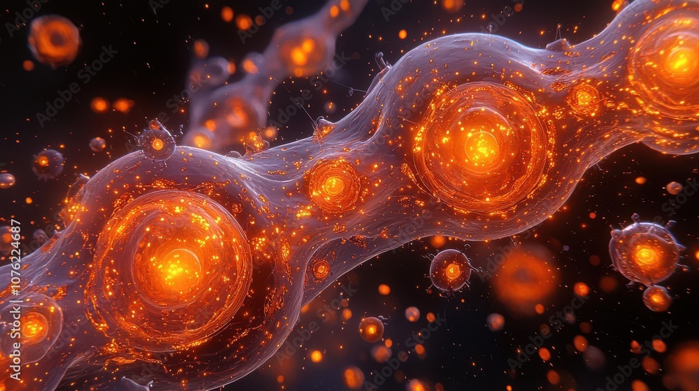 Poster abstract image of glowing cells with orange luminescence, representing cellular structure and biolog