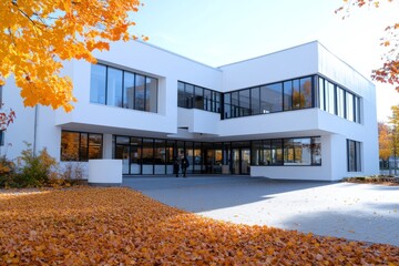 2408_058.Exterior view of modern public school building with playground.