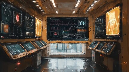 Futuristic control room with advanced screens and technology, showcasing an immersive digital environment.