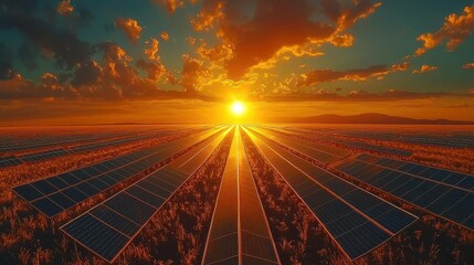 A stunning sunset over solar panels, showcasing clean energy and a sustainable future in harmony with nature.