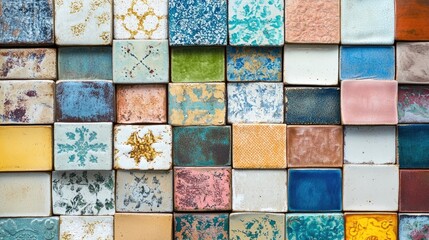 Ceramics displayed as a collection of many ceramic tiles beautifully stacked, captured in a close-up image with ample copy space for design use.