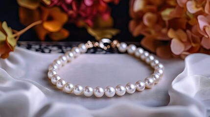 Elegant pearl necklace with shimmering, delicate pearls strung together, creating a stunning piece perfect for a sophisticated look. High-quality photo with ample copy space.