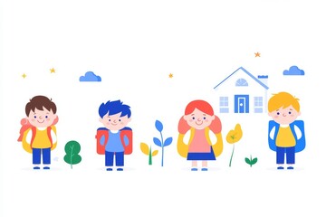 2408_031.Happy children with backpacks meeting near school building. Girls and boys greeting each other. Elementary pupils with schoolbags. Colored flat vector illustration isolated on white