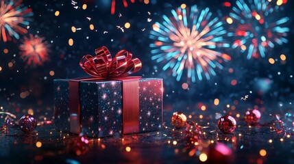 Gift Box with Red Ribbon on Dark Background with Festive Sparkles