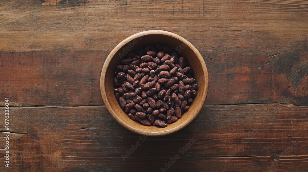 Poster Cacao nibs arranged in a bowl placed on a rustic wooden table, offering a natural and organic aesthetic. The cacao nibs bring a touch of earthiness to the scene with ample copy space.