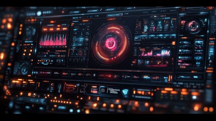 Futuristic digital interface with data visualization and controls.