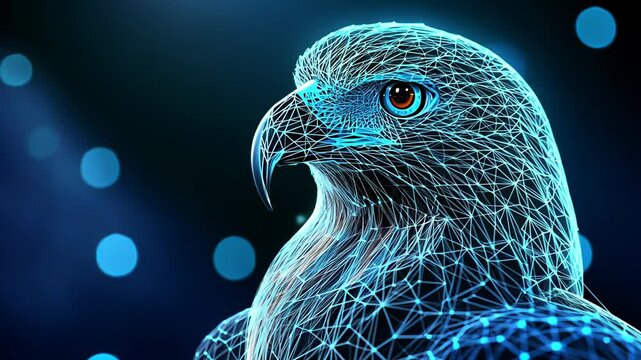 A detailed look at a wireframe eagle illustration with blue accents against a dark background