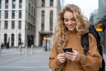 young woman traveler with the smartphone, confidently exploring urban destinations, representing modern solo travel, freedom, and digital connectivity