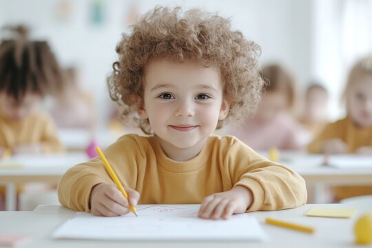 2408_064.Kids go back to school Interracial group of children of mixed age in classroom Students learn to read and write Preschooler or kindergarten kid with teacher Child learning letters with :