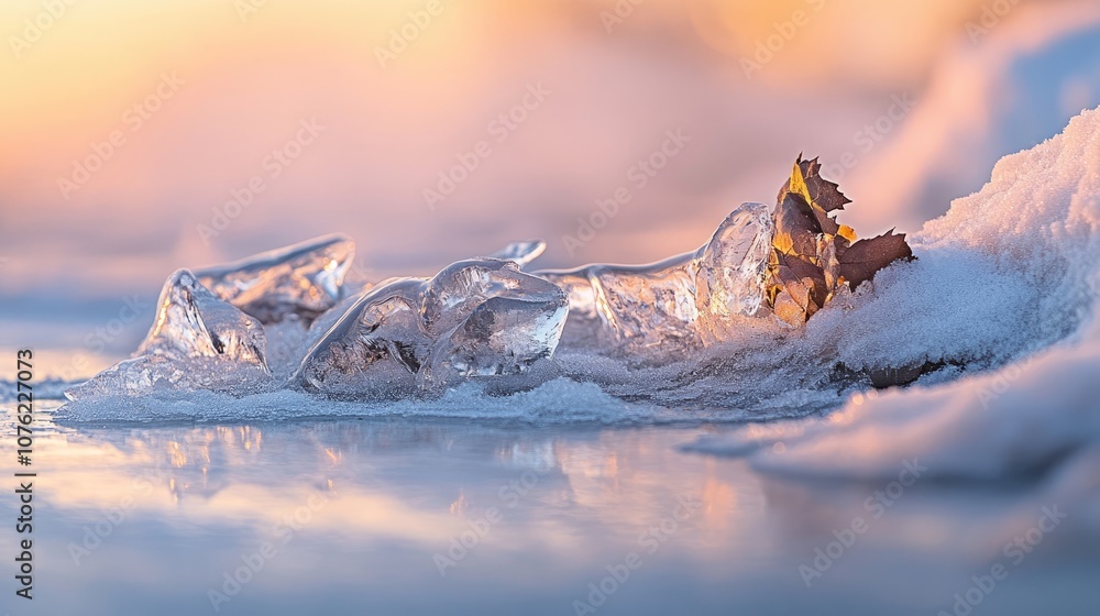 Poster close-up image of ice chunks resting on a frozen surface, capturing the intricate details of winter.