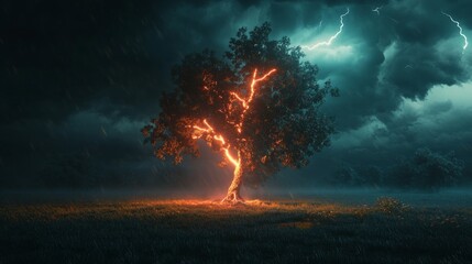 Fototapeta premium Nature's Power Symbolized as Lone Tree Illuminated by Striking Lightning Under Stormy Sky