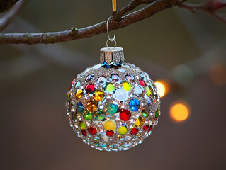 A close-up of a beautifully decorated ornament hanging from a tree branch, reflecting lights and colors