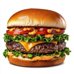 A photostock of a gourmet beef burger with double patties and lettuce, ideal for fast food or lunch themes, isolated on transparent PNG background, High Quality
