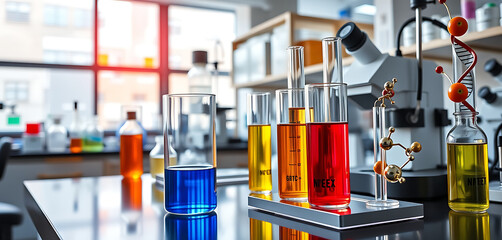 Colorful Chemical Solutions and Molecular Model in Laboratory Setup