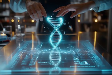  A detailed hologram of human DNA floats above a polished metallic table, while scientists use hand gestures to manipulate the digital strands, discussing genome editing in this advanced laboratory. 