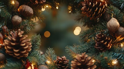 A festive wreath adorned with pine cones and nuts, capturing the essence of Christmas. This Christmas wreath adds a touch of holiday charm, perfect for seasonal decor with ample copy space.