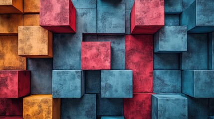 Colorful abstract background of textured cubes in orange, blue, and red tones, creating a vibrant visual effect.