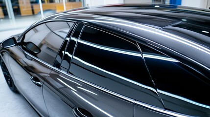 Fototapeta premium Side view of car window tint, ceramic film provides heat rejection and UV protection with stable color, car film installed on the glass surface of the , selected focus car tinting service
