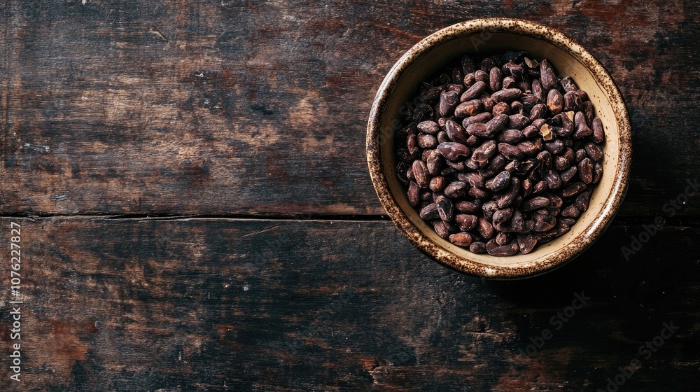 Poster Cacao nibs arranged in a bowl placed on a rustic wooden table, offering a natural and organic aesthetic. The cacao nibs bring a touch of earthiness to the scene with ample copy space.