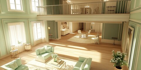 luxury light green and cream mezzanine room with modern furniture set and elegant wooden floor 